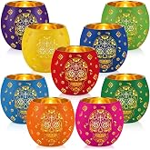 Meanplan 9 Pcs Day of The Dead Decorations Votive Candle Holders with LED | Dia De Los Muertos Decorations, Sugar Skull, Glass, Mexican Table Centerpiece, Skeleton, Flameless for Altar, Halloween Party