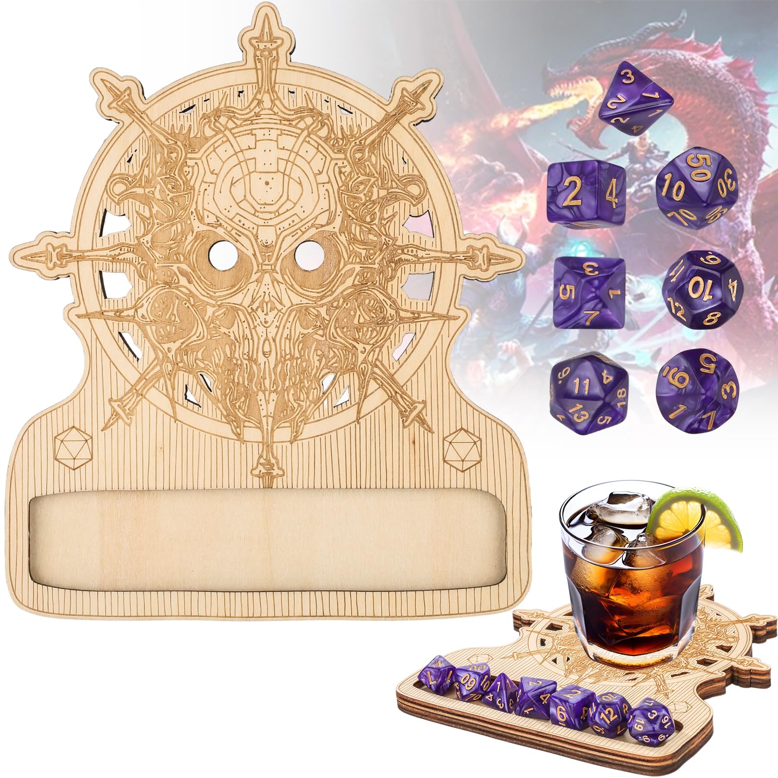 DRMFLE Wooden DND Dice Coaster - 7pcs Polyhedral Dice, Laser Engraved with Classic RPG Icons, Gaming Accessory for Dungeons & Dragons, Smooth Finish, Non-Slip Base, Perfect Present for Tabletop Gamers