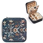 Artinhand Norwegian Rosemaling Folk Style Small Travel Jewelry Case with Mirror Portable Black PU Leather Box Earrings Necklaces Rings Bracelets Storage Organizer Gift for Women And Girls