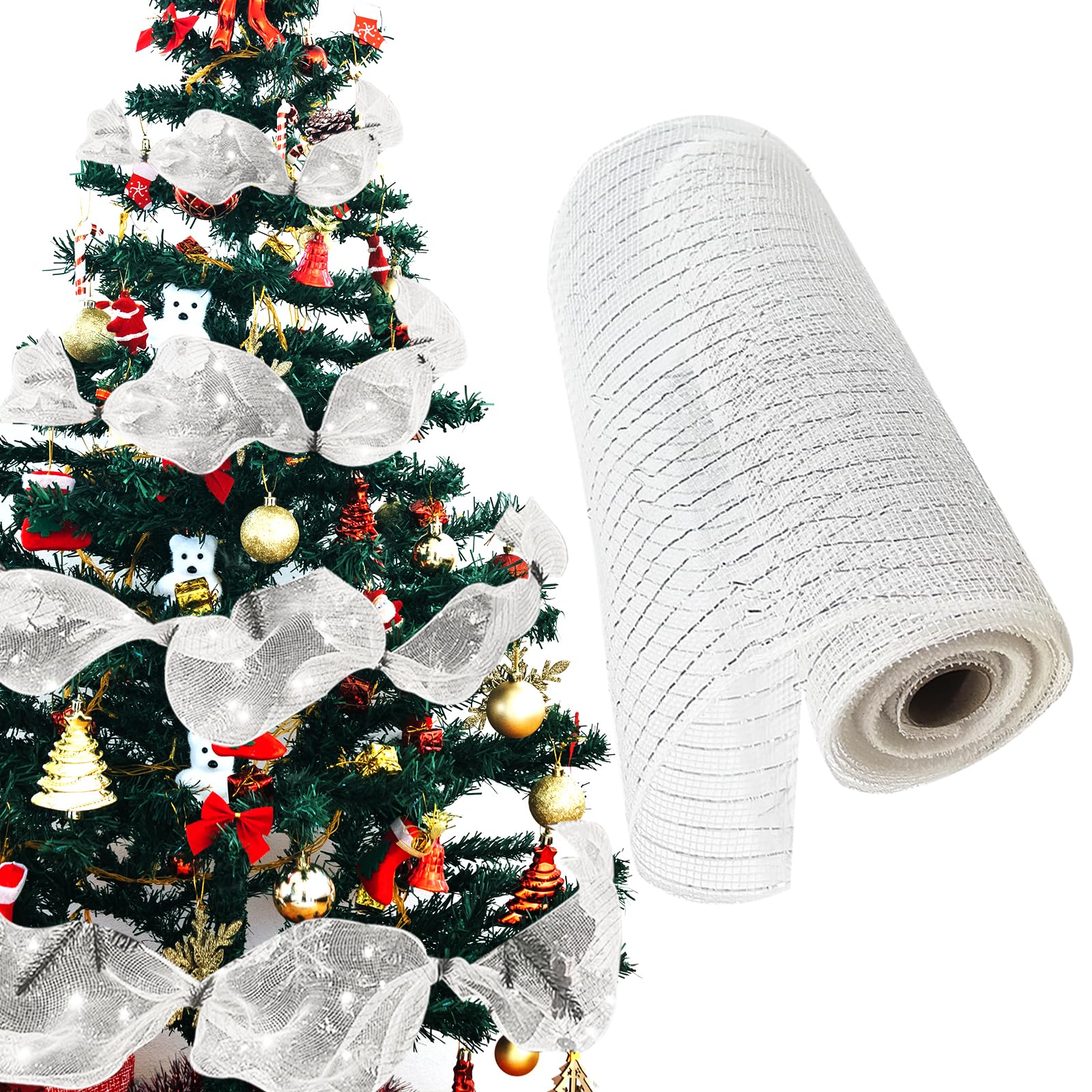SHCHME Christmas Deco Mesh Ribbon - 10Inch X 30Ft Rolls for Wreaths, Trees, Gifts & Crafts (Silver)