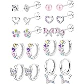 BESTEEL Hypoallergenic Stud Hoop Earrings for Girls Women Surgical Steel Flat Back Earrings Cute Kids Earring Colorful Cubic Zirconia Earring Set for Sensitive Ears