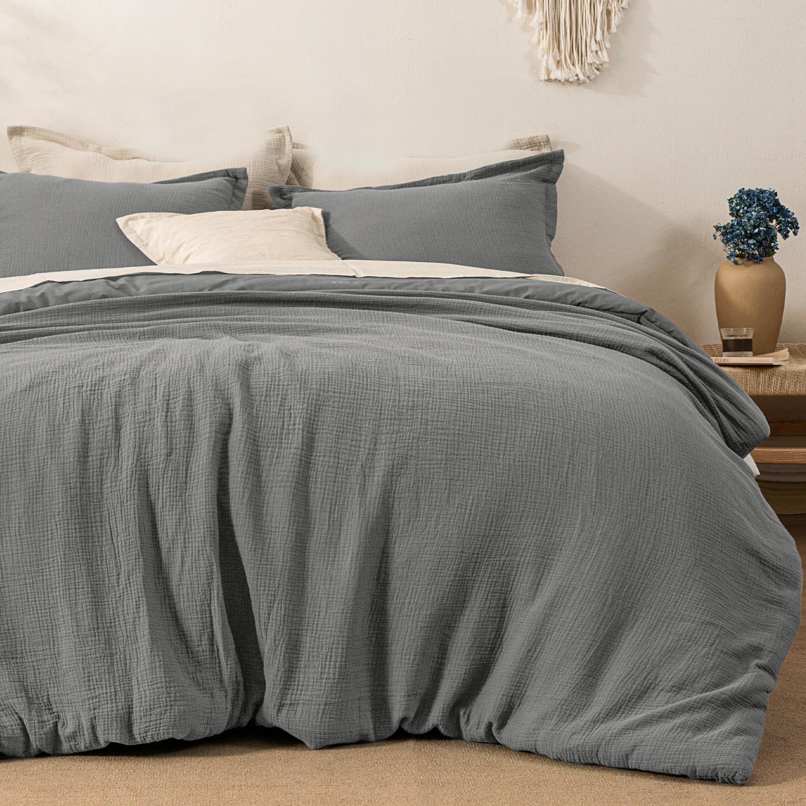 Photo 1 of **DIRT**David's Home Cotton Muslin Comforter Set King Size, Soft Lightweight Breathable Cozy Skin-Friendly, 3PCS Linen Like Gauze Bedding with Pillow Shams, Aesthetics Home Decor & Giftable, Black Grey