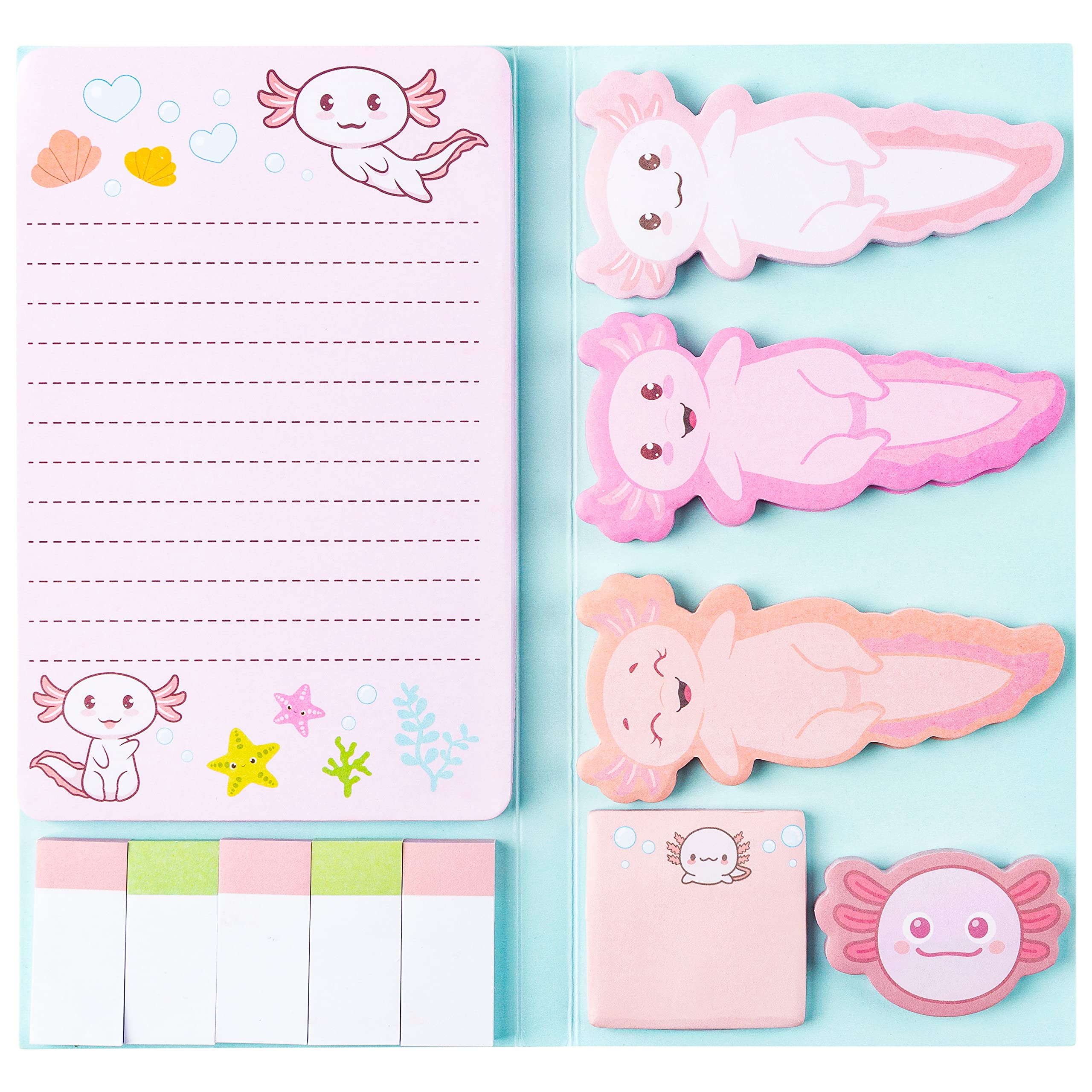 A1DIEE Axolotl Sticky Notes Cute Cartoon Pastel Memo Set Mexican Walking Fish Self Stick Index Sticky Tabs Page Markers Stationary Bookmark Stickers Gifts for Girls Office School Student Supplies