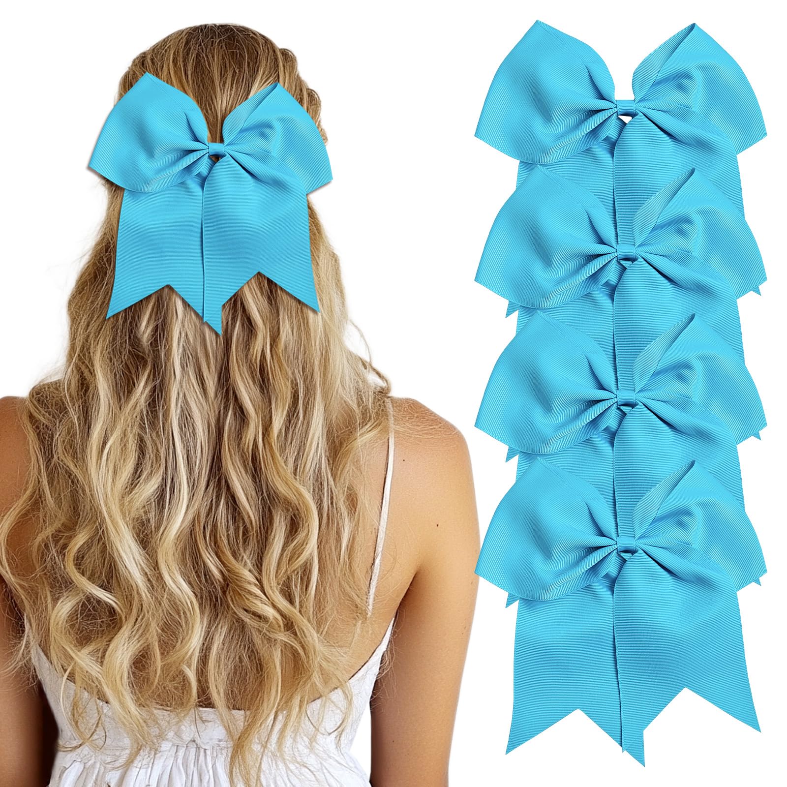 Photo 1 of AXEN Large Cheerling Bow, 8 inch Cheer Hair Bows with Ponytail Holder for Teen Girls Sports Cheerleader Hair Accessories, Light Blue