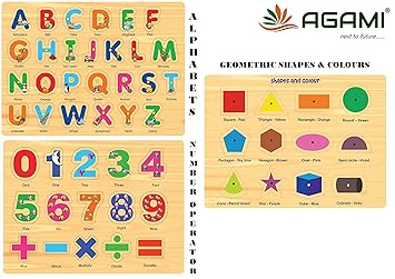 AGAMI Wooden Alphabets, Geometric Shapes and Colours and Numbers with Mathematical Operators with KNOB 3D Puzzle Educational Toys (Premium Quality)