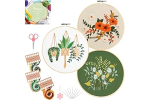 Santune 3 Sets Embroidery Kit for Beginners Needlepoint Cross Stitch Kits for Adults,Stitch Learning DIY Kit with Easy Instruction Video,Stamped Floral Embroidery Patterns,Hoop,Threads,Sewing Hobby