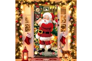 MIUCAT Christmas Door Cover, 79x35Inch Santa Claus Fabric Hanging Banner Door Sign Santa Background for Christmas Door Decorations Home Office Decor