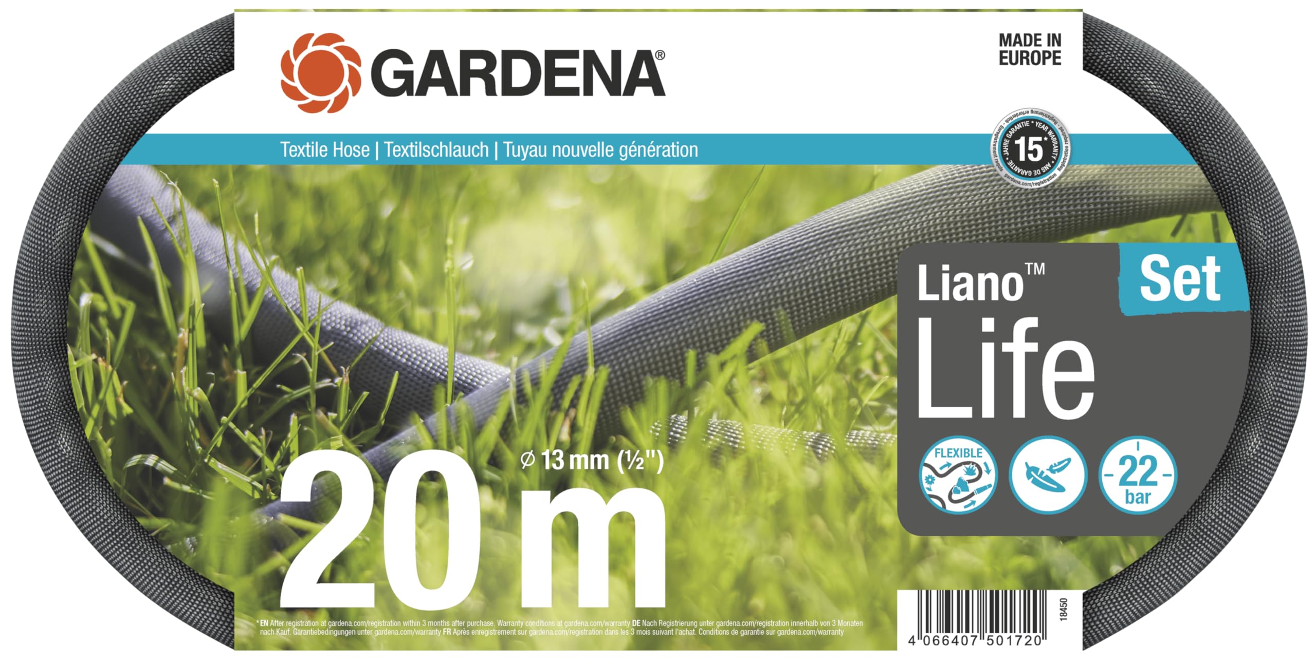 Gardena Liano Life Textile Hose 1/2 inch, 20m: Highly flexible textile garden hose, with PVC inner tube, no kinking, lightweight, weather-resistant (18450-20)