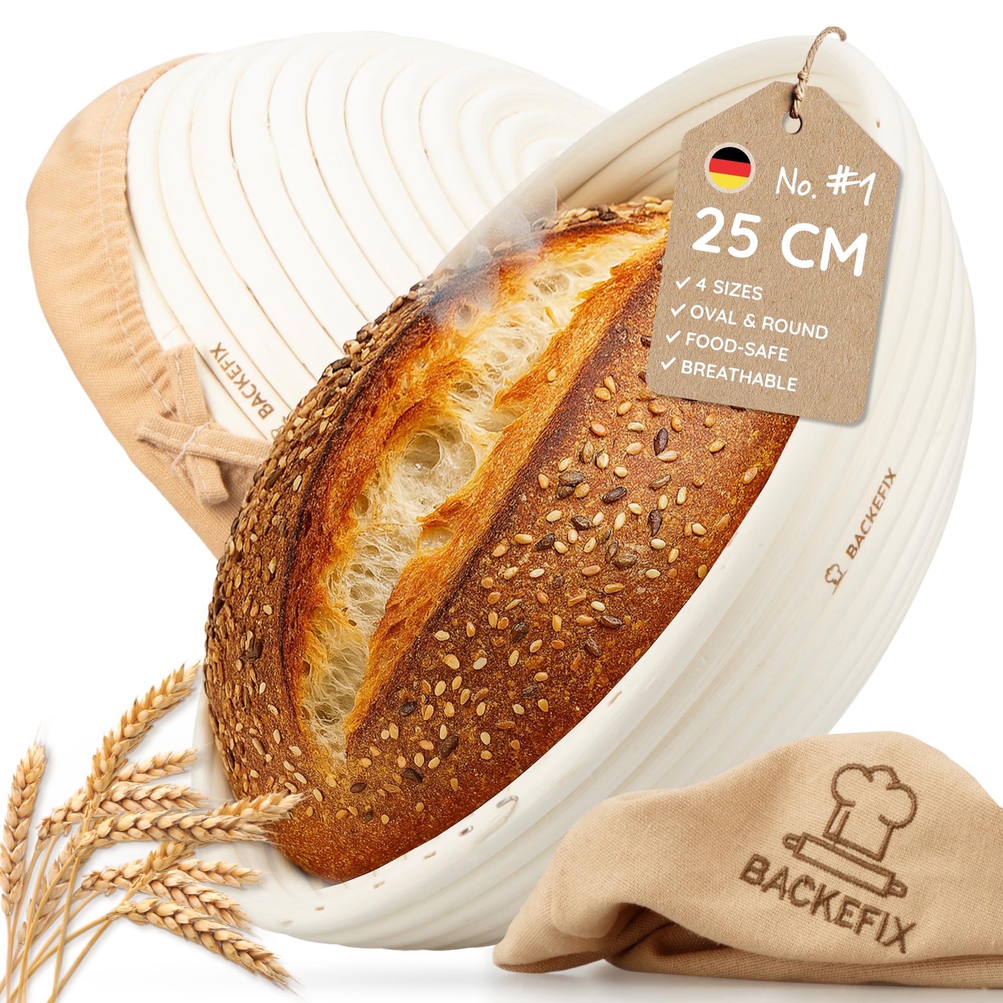 Backefix Round Proofing Basket 25 cm | banneton for bread up to 1,300 g dough | incl. linen cloth for optimal proofing | natural food‑safe cane (rattan) | bread‑baking accessories