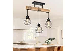 Feanron 3-Lights Farmhouse Dining Room Pendant Light Fixtures Over Table, Rustic Solid Wood Kitchen Island Lighting Hanging with Metal Shades, Modern Black Ceiling Pendant Lamp for Living Room Hallway