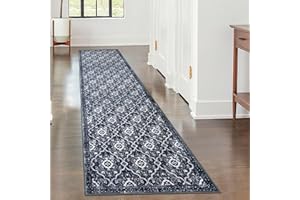 KILOCOCO 2x8 Runner Rug, Moroccan Washable Hallway Entryway Runner Rug, Accent Print Faux Wool Kitchen Runner Rug 8 Feet Non-Slip Rug Runner for Laundry Room Bedroom, Black, Navy Blue/White