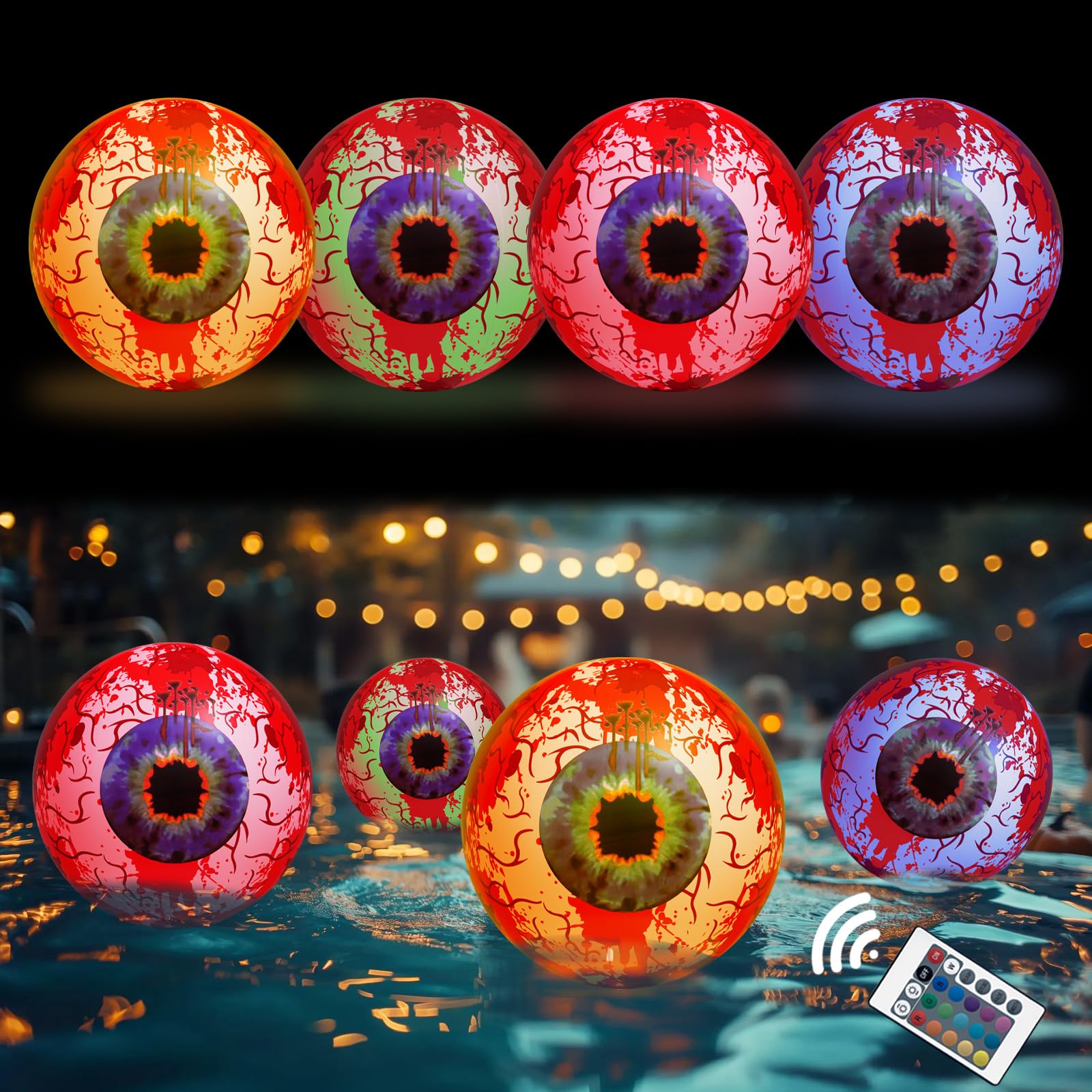 Photo 1 of 2 Pcs 16 Inch Inflatable Eyeballs Halloween Decorations Garden Props Bloodshot Horror Lights Up Bloodshot Eyeball Waterproof Blow-Up Halloween Decoration for Pool,Garden,Yard,Lawn Decor (Red-2 Pcs)