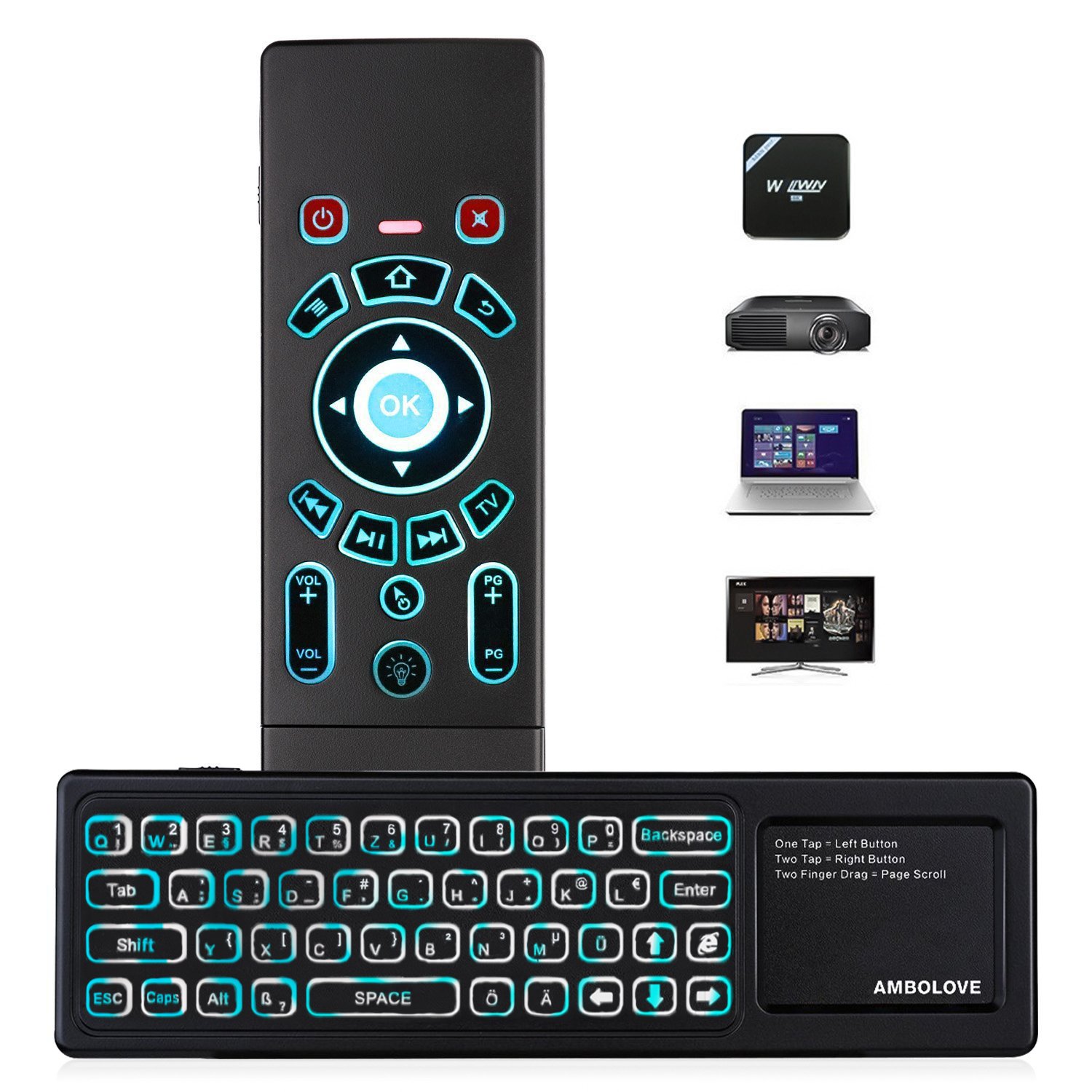 Airmaus Fernbedienung, AMBOLOVE Mini Tastatur kabellos Somatosensorisches Spiel Keyboard 2,4 G wiederaufladbare Air Mouse Combo mit Touchpad und 7 Farb-LED Backlits