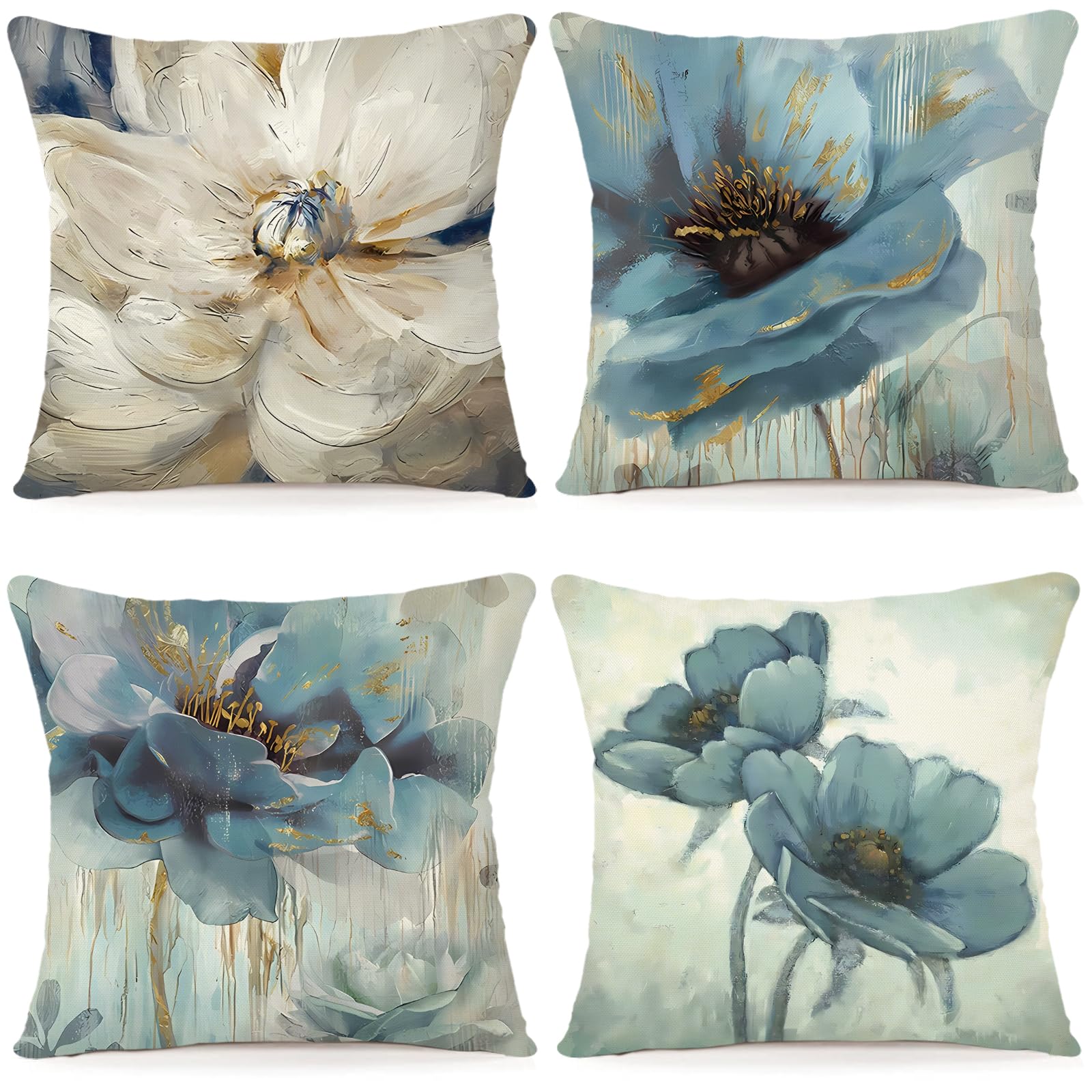 ZWJD Set of 4 Cushion Covers 50x50 Decorative Cushion Cover with Modern Watercolor Painting Floral Linen Cushion Covers with Print Decorative Cushion Cover Sofa Cushion Cover — image 1