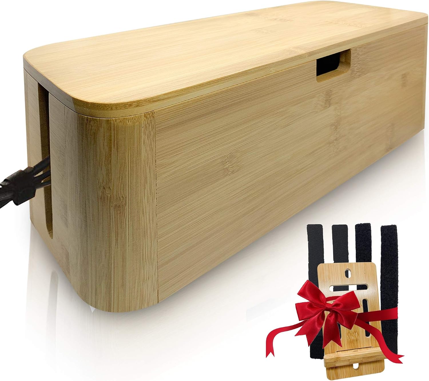 Amazon Com Bamdable Bamboo Wood Cable Management Box Bamboo Phone Holder Magnetic Lid Closing Front Sides Opening Anti Slip Bottom Keep Wires Safe Organized Hidden Power