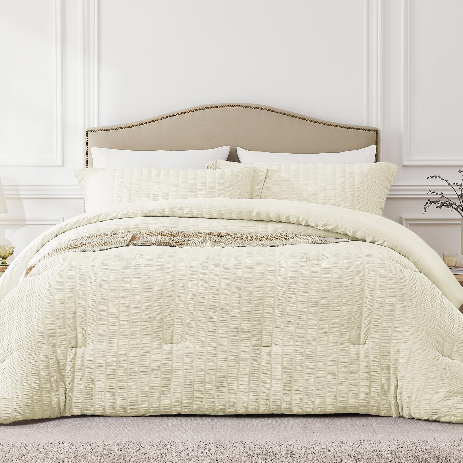 Quataly Cream Oversized Queen Comforter Set - 3 Pieces Seersucker Lightweight Bedding Comforter Sets (1 Soft Fluffy Comforter & 2 Pillowcases) - All Seasons Cozy Farmhouse Bed Sets for Women Men Image
