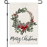 Merry Christmas Wreath Garden Flags 12x18 Double Sided Burlap, Winter Welcome Xmas Decorations Seasonal Sign Small Flag for Holiday Party Farmhouse Outdoor Yard Lawn DF616