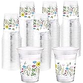 Hushee 60 Pcs Floral Cups with Spring Summer Fall Flower 16 oz Wildflowers Plastic Disposable Drinking Cups for Summer Spring Autumn Birthday Baby Shower Party Supplies(Wild Floral)