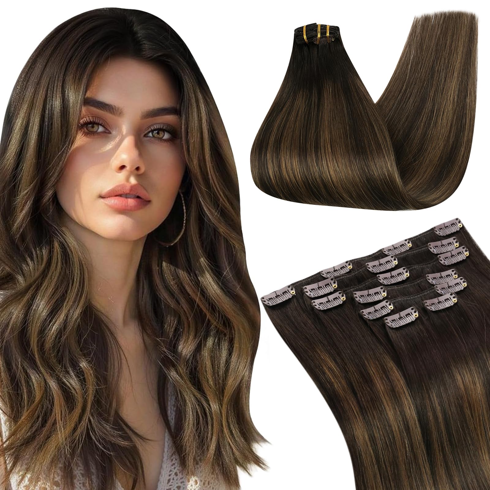 Ugeat Human Hair Clip in Extensions Balayage Real Human Hair Extensions Clip ins Dark Brown Balayage Medium Brown Clip on Hair Extensions Double Weft 7pcs 120g 18 Inch