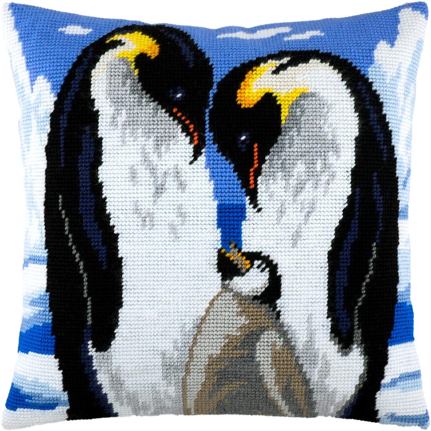 Penguins in Love. Stamped Cross Stitch Kit w/Printed Tapestry Canvas (40 × 40 cm) — Stamped Cross Stitch Cushion Kit for Creative Home Décor — Needlework Kit for Adult Beginners