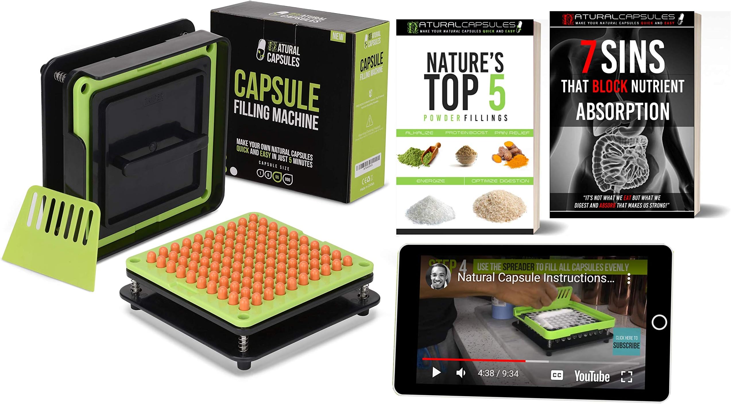 NATURAL Capsule Filling Machine for Size 00 - Make Your Own Capsules in 5 Minutes Quick and Easy - Best for Use with Empty Gelatin or Vegetarian Caps - & Clear Illustrated Video Instructions