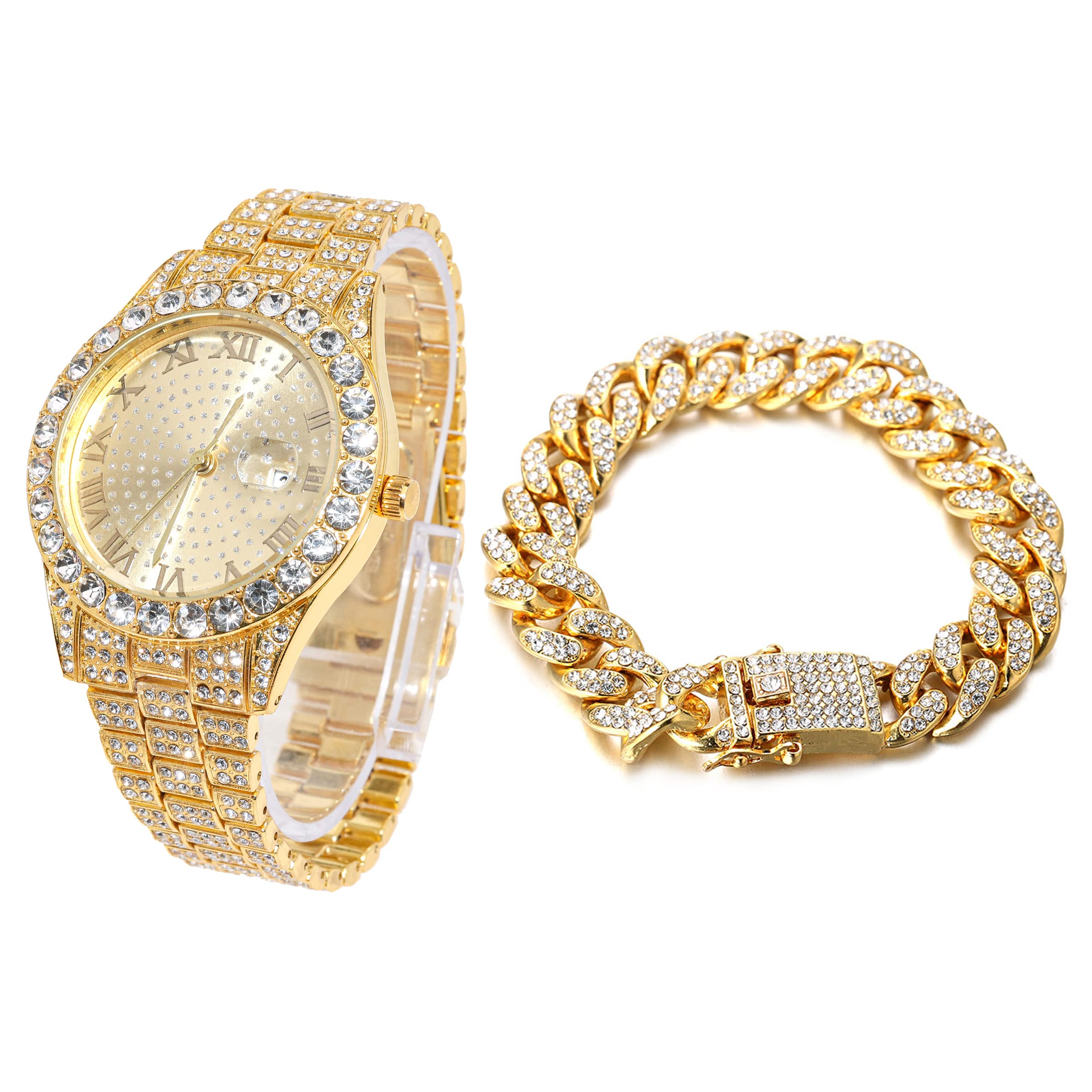 HALUKAKAH Diamonds Gold Watch Iced Out, Men's 18K Real Gold Plated 42MM Width Round Dial Quartz Wristband 24cm with Cuban Link Chain 20cm Bracelet Set, Free Giftbox