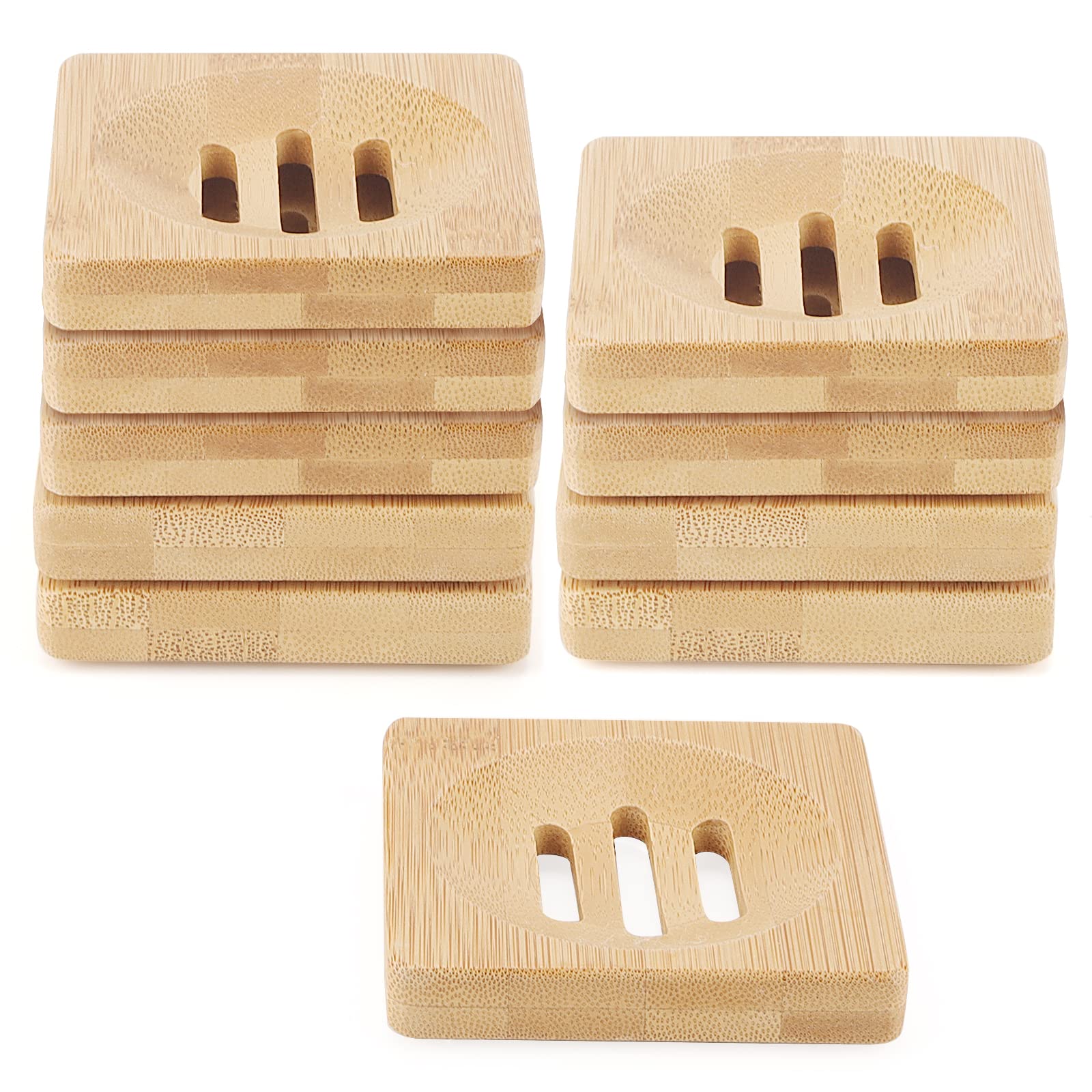 JAPCHET 10 Pack Square Bamboo Soap Dish, 80 x 80mm Natural Wooden Bamboo Soap Dish, Wood Soap Holder for Kitchen, Bathroom, Square Outer Contour