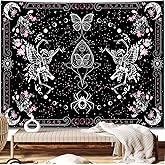 KJHL Skull Butterfly Floral Tapestry Black and White Gothic Skeleton Tapestry Wall Hanging Decor Pink Constellation Witchy Tapestries Aesthetic for Bedroom Living Room(44ʺ x 60ʺ)