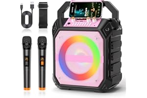 VICTRESS Karaoke Machine with 2 Wireless Microphones, Portable Bluetooth Speaker for Adults & Kids with Strobe Lights, Karaoke Speaker with PA System Supports TWS/USB/TF/REC/AUX for Party/Meeting Pink