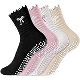 Jeyiour 4 Pairs Cute Pilates Grip Socks for Women, Ruffle Non Slip Crew Grippy Yoga Socks with Bow for Gym Ballet Barefoot