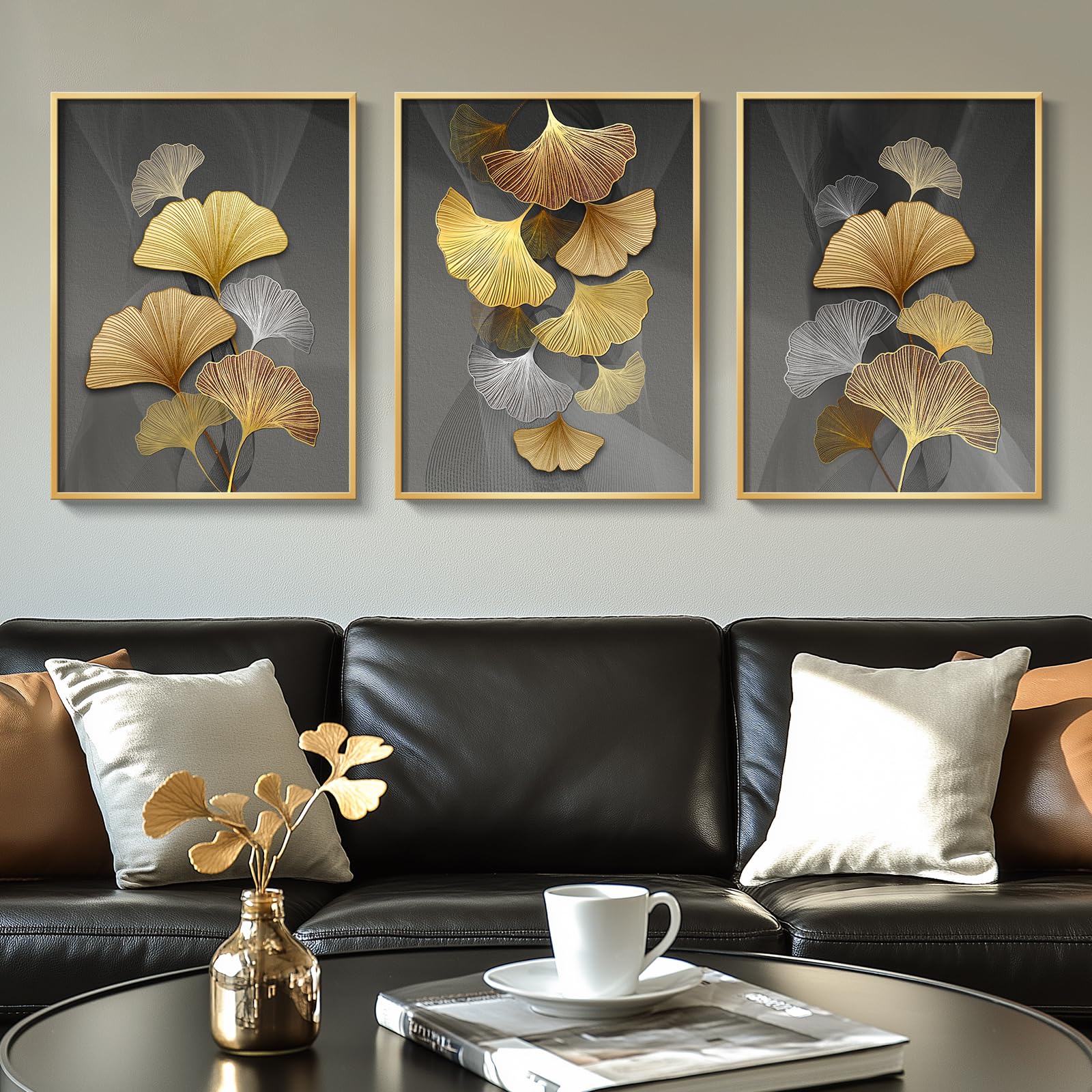 Gold Framed Large Wall Art for Living Room, Black and Gold Leaf ...
