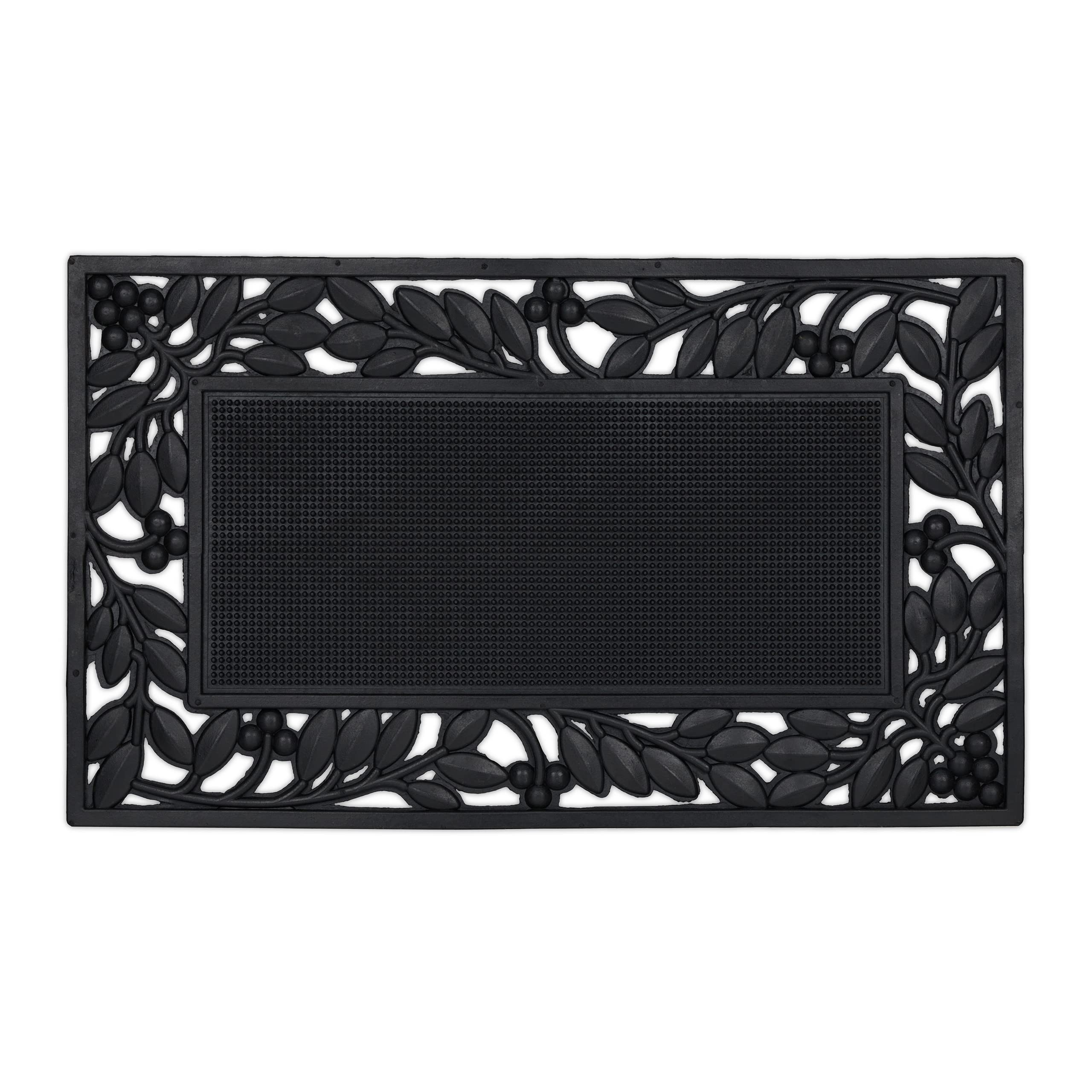 Relaxdays Leaf Frame Design Natural Rubber Doormat, 75x 45 cm, Door Mat Inside & Outside, Non-Slip, Black