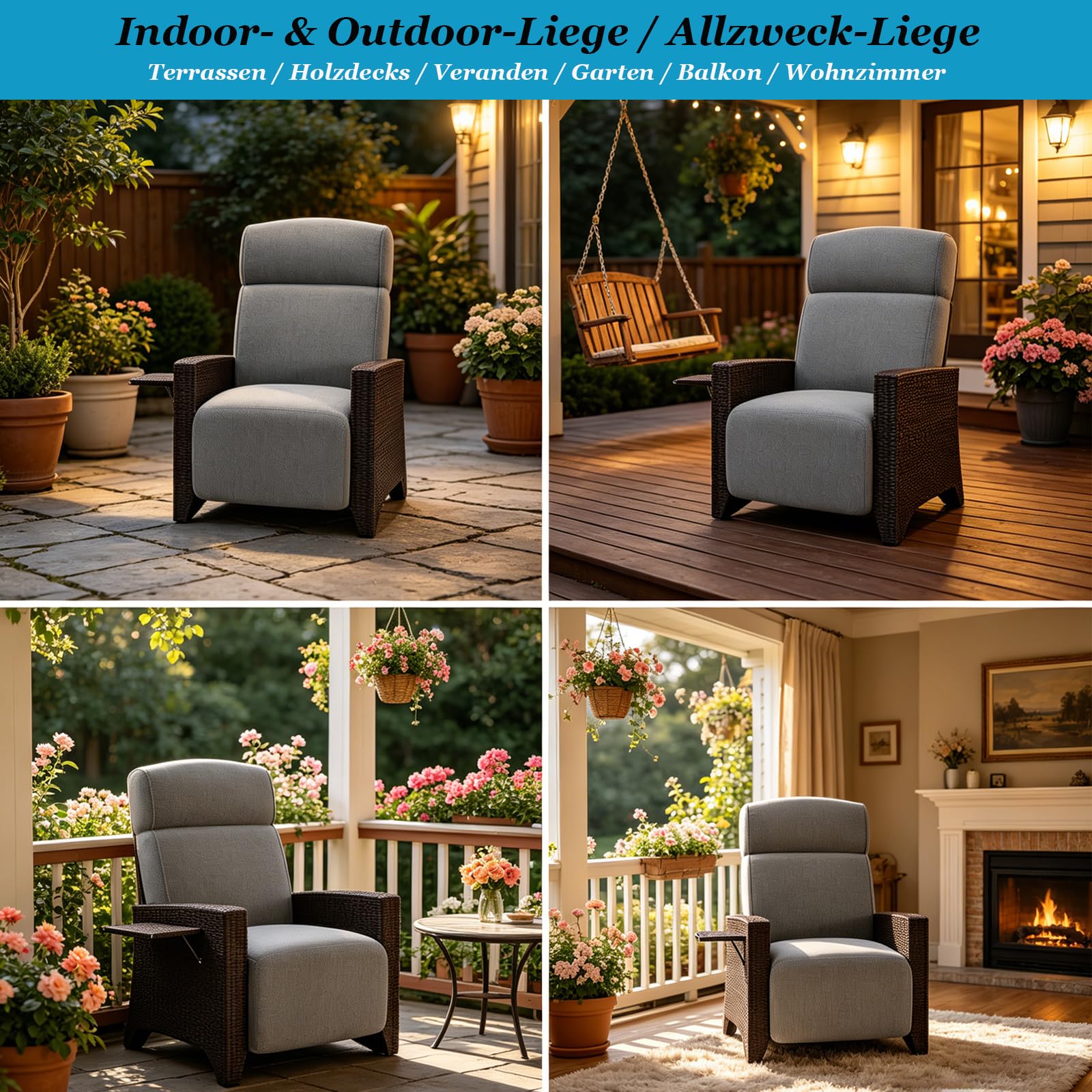 Outdoor Relaxsessel mit Klappbarem Seitentisch, 150° Verstellbarer Polyrattan Liegesessel mit Fußstütze & Kissen, Gartenliege für Innen & Außen,Terrassenstuhl für Balkon Garten Poolbereich (1Stuhl+1T) 7