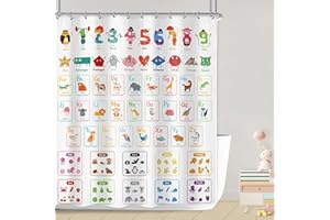 LGhtyro Kids ABC Alphabet Shower Curtain Bathroom Set 60Wx71H Inches Cartoon Animal Cute Funny Educational Learning Tools Colorful Bath Accessories Boy Girl Newborn Art Home Decor Fabric 12 Pack Hooks