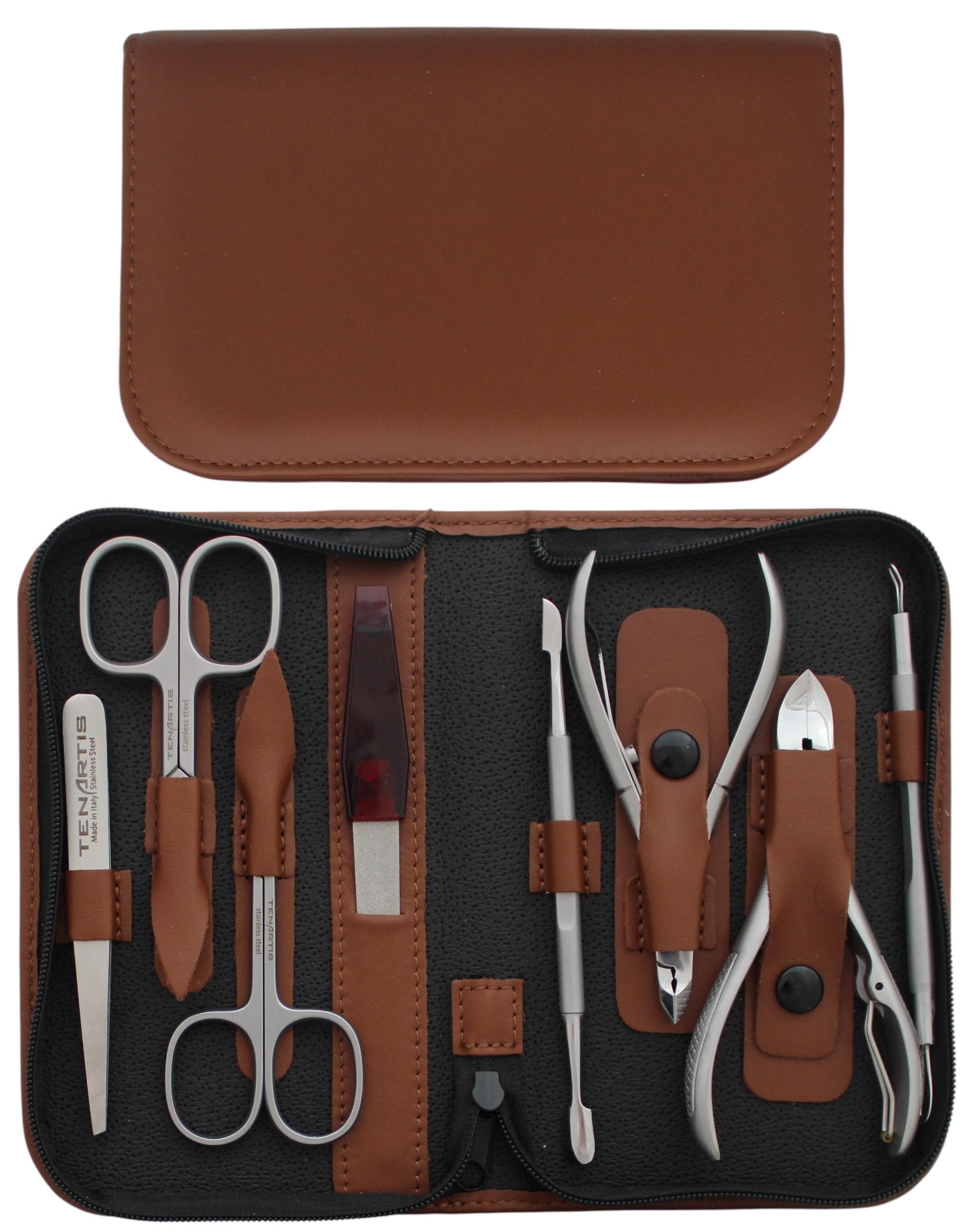 8-Piece Stainless Steel Genuine Leather Manicure and Pedicure Set with Zipper - Tenartis Made in Italy (Brown)