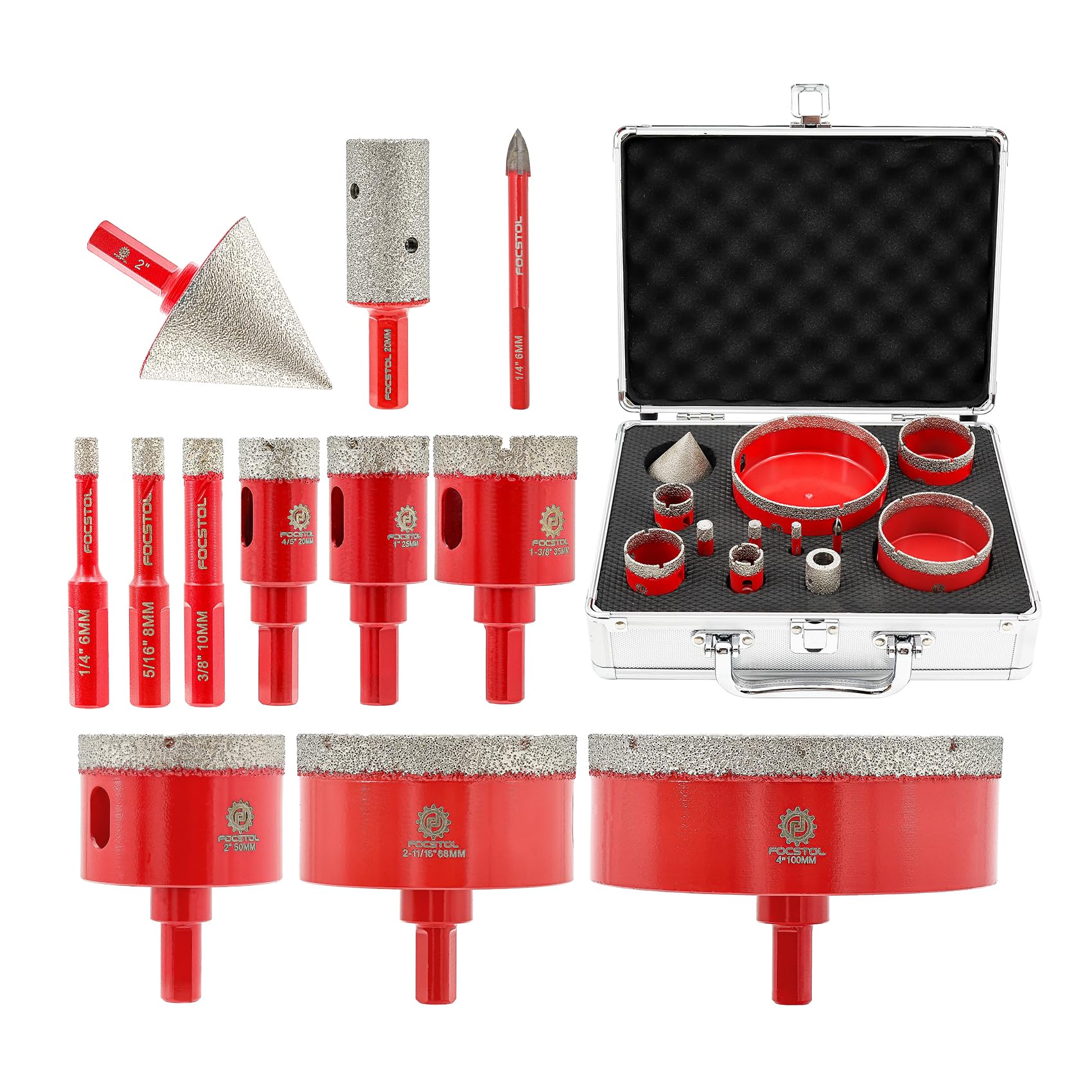 Diamond Core Drill Bit Set - FOCSTOL 12pcs (6/8/10/20/25/35/50/68/100mm+20mm Finger Milling Bit+50mm Beveling Chamfer Bit+6mm Carbide Drill) Hole Saw Kit for Porcelain Ceramic Tile Marble Granite