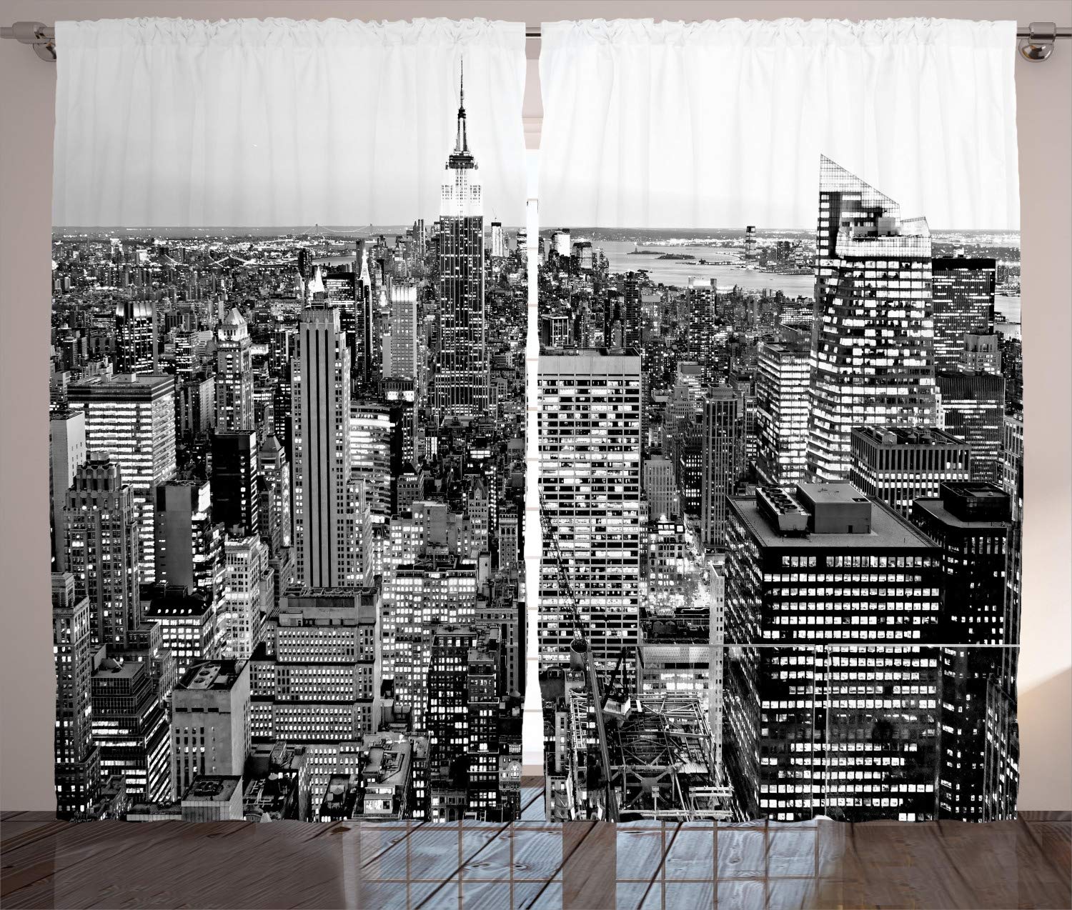 ABAKUHAUS New York Curtains, Panorama of Manhattan High Buildings of City Famous Monument USA Black and White Photo, Living Room Bedroom Window Drapes 2 Panel Set, 280 x 260 cm, Gray — image 1