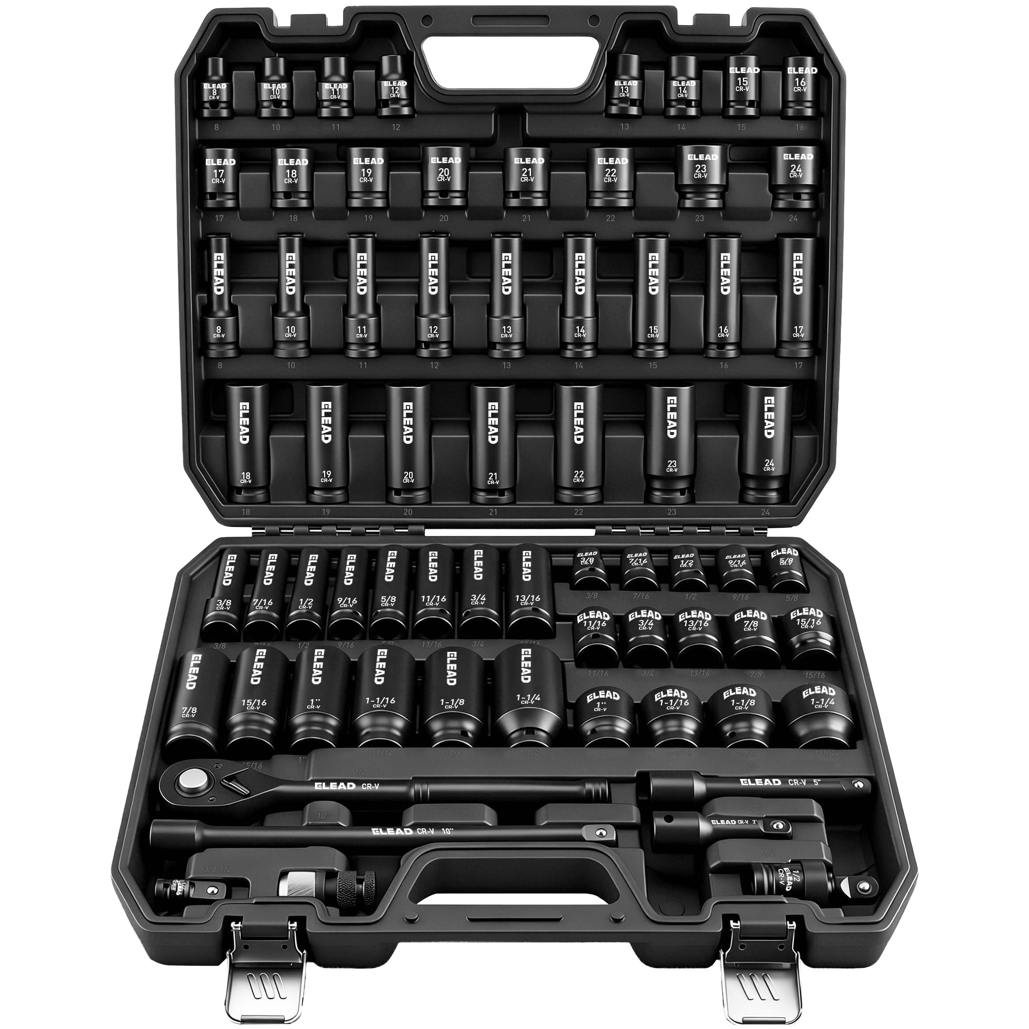 ELEAD 67 Piece 1/2" Drive Deep Impact Socket Set: Standard SAE (3/8"-1-1/4") & Metric (8-24 mm), Including 3 ", 5", 10" Extension Bar, Universal Joint, Ratchet Handle and Adapter Image