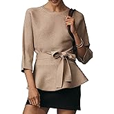 Yeokou Womens Ribbed Belted Sweater 3/4 Sleeve Crew Neck Pullover Tunic Top Winter Spring Casual Loose Fit Knitwear