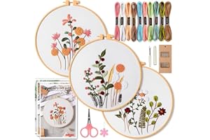 CDThinkingU Embroidery Kits Flowers for Beginners, 3 Sets Hand Embroidery Kits for Beginners Advanced Adults Kids with Hoop, Embroidery Cloth, Color Threads, Scissors, Tools & Instruction