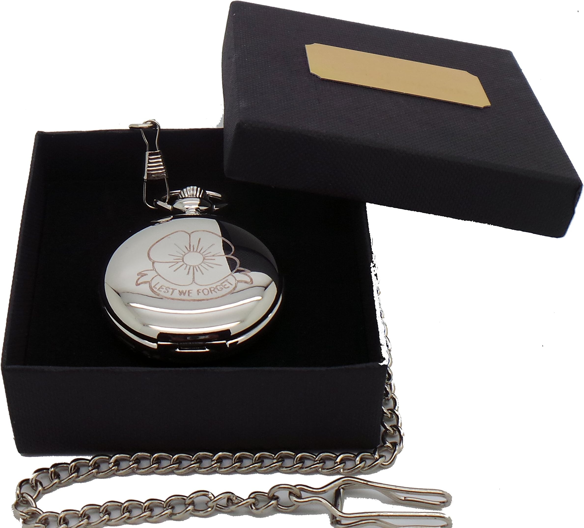 Lest We Forget, Poppy, Customised, Customized, Personalised, Bespoke, Silver Plated Masons of London, Pocket Watch in Gift Box