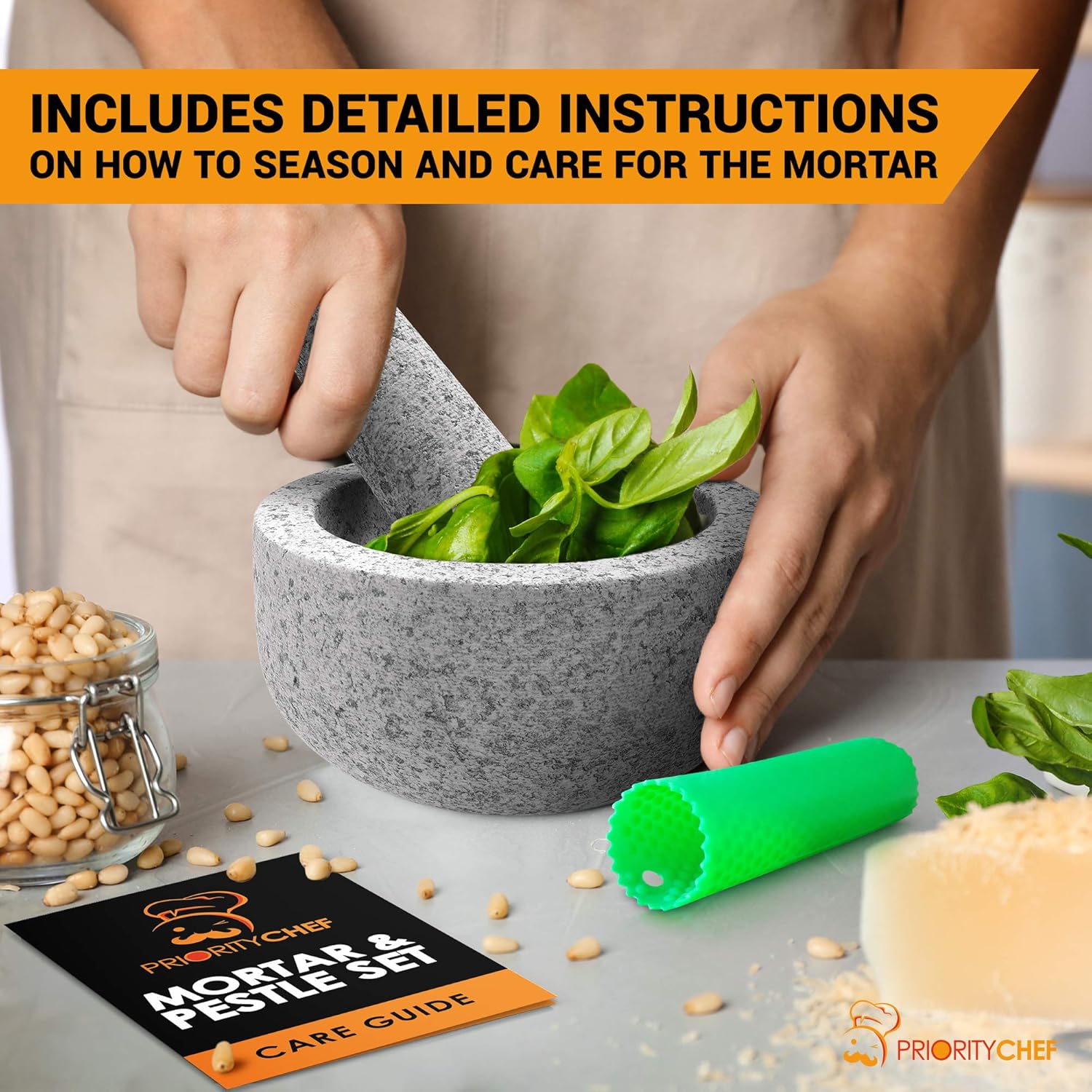 PriorityChef Mortar and Pestle Set, Unpolished Natural Granite, Large 2 Cup Capacity Guacamole Bowl, Silicone Garlic Peeler Included: Kitchen & Dining