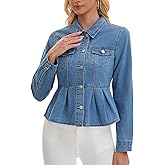 CIMUK Women's Denim Jacket Button Down Collar Ruffle Hem with Pockets Peplum Jean Jackets