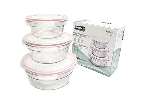 GLASSLOCK GL-531, 450ml, 850ml, 1x 1480ml Runde Frischhaltedose aus Glas-Oven Typ, pink 19.5 x 19.5 x 9 cm