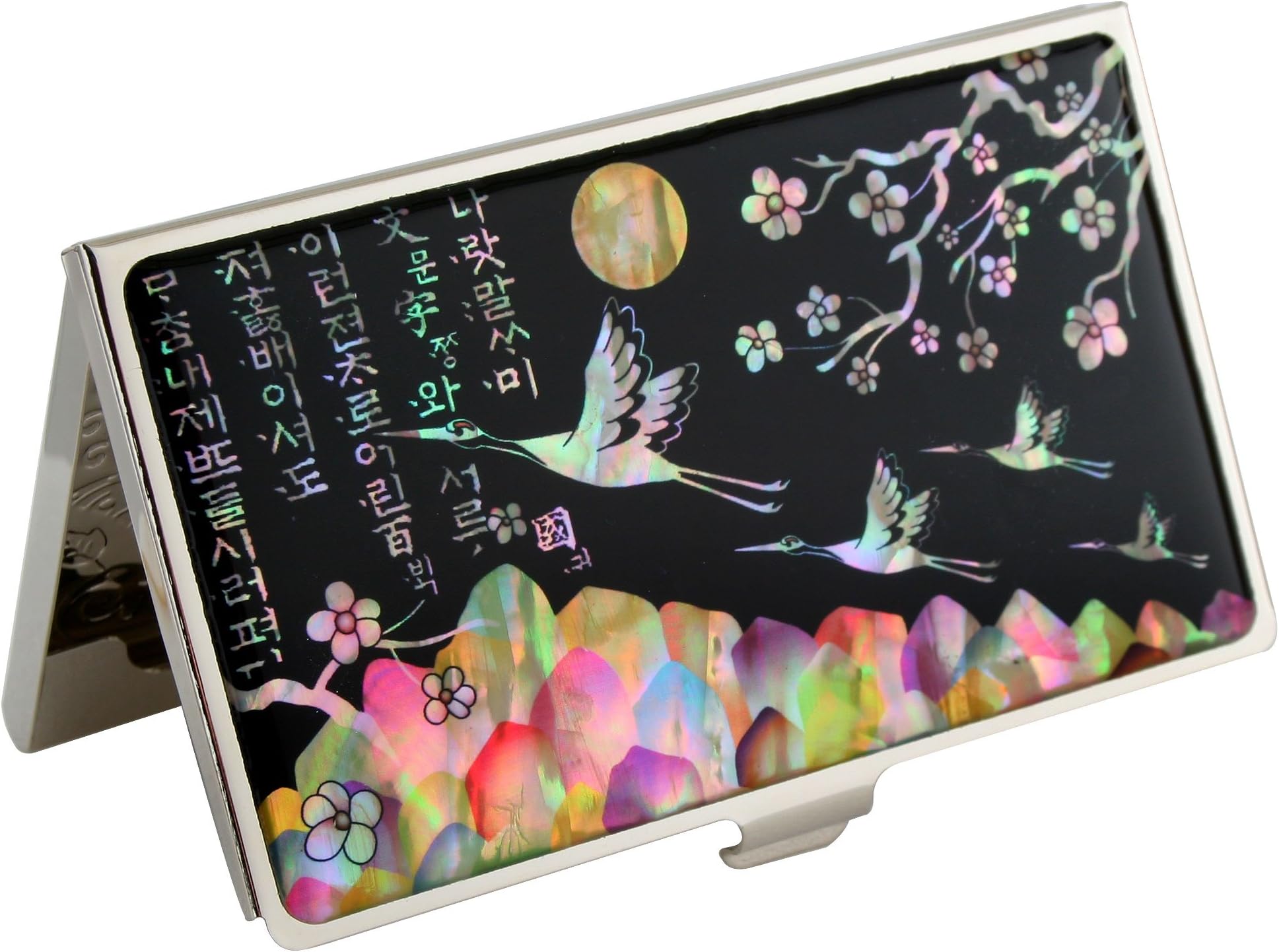Handmade Handcrafted Mother of Pearl Business Card, Credit Card, ID Holder, & Money Wallet Metal Stainless Steel lacquer wares inlaid with Plum Blossom and Crane Design