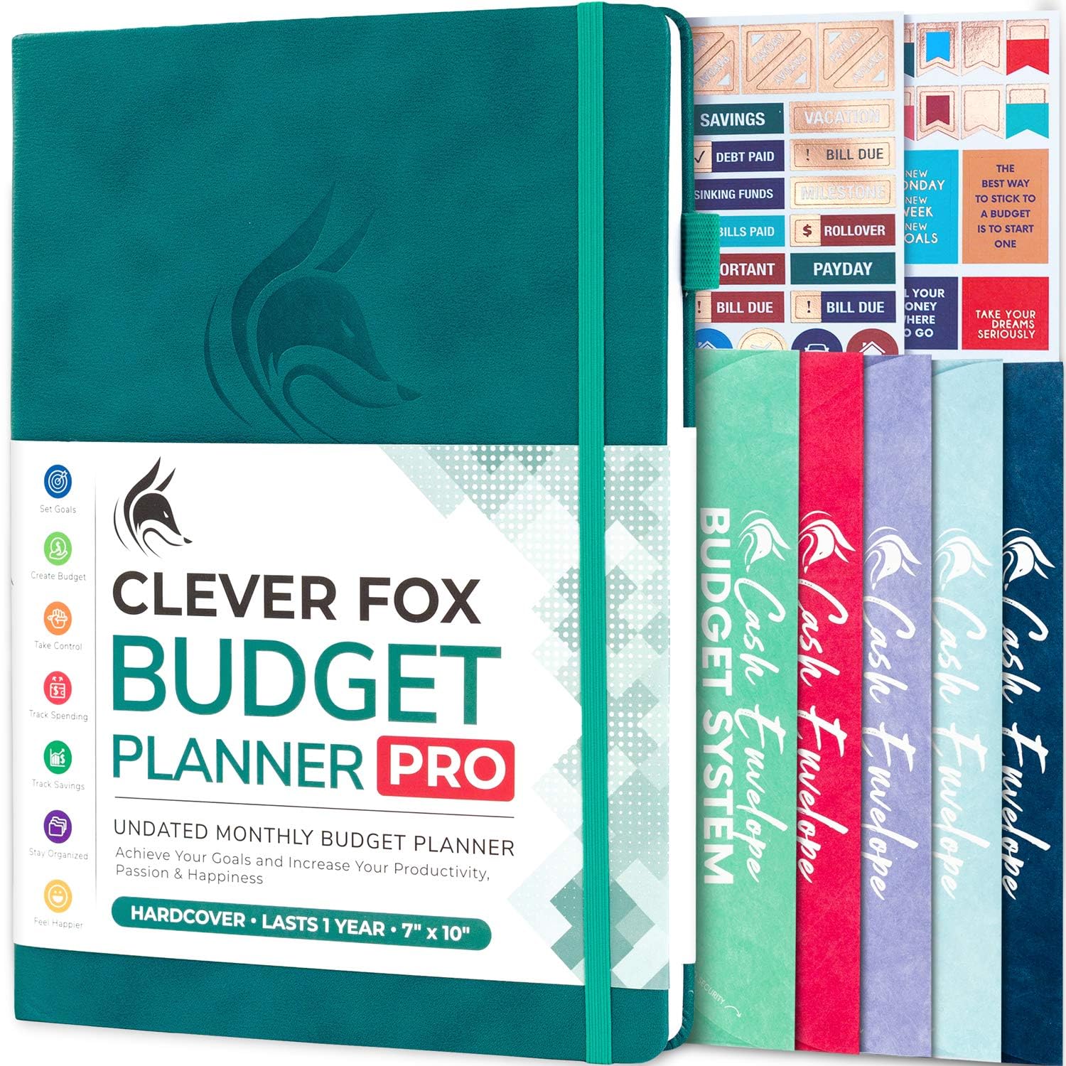 Clever Fox Budget Planner PRO - Financial Organizer + Cash Envelopes. Monthly Finance Journal, Expense Tracker & Personal Account Book, Undated, 18 x 25.5cm - Dark Teal