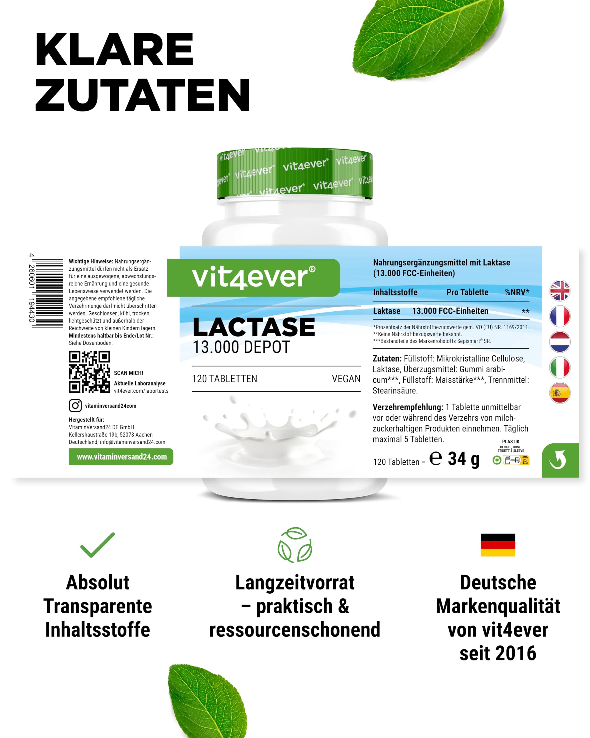 vit4ever Laktase 13.000 Depot - 120 Tabletten mit Depotwirkung (Sepismart® Slow Release) - Hochdosiert mit 13.000 FCC-Einheiten - Bei Laktoseintoleranz + Milchunverträglichkeit - Vegan 5