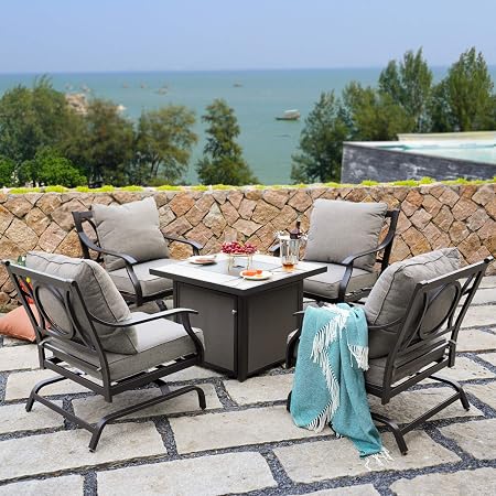 Amazon Com Grand Patio 5 Piece Outdoor Furniture Conversation Set Cushion Rocking Chairs With 32 Inch Propane Gas Fire Pit Table Garden Outdoor
