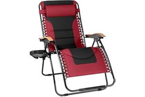 PHI VILLA XXL Oversized Padded Zero Gravity Chair, Foldable Patio Recliner, 30" Wide Seat Anti Gravity Lounger with Cup Holder, Support 400 LBS (Red)