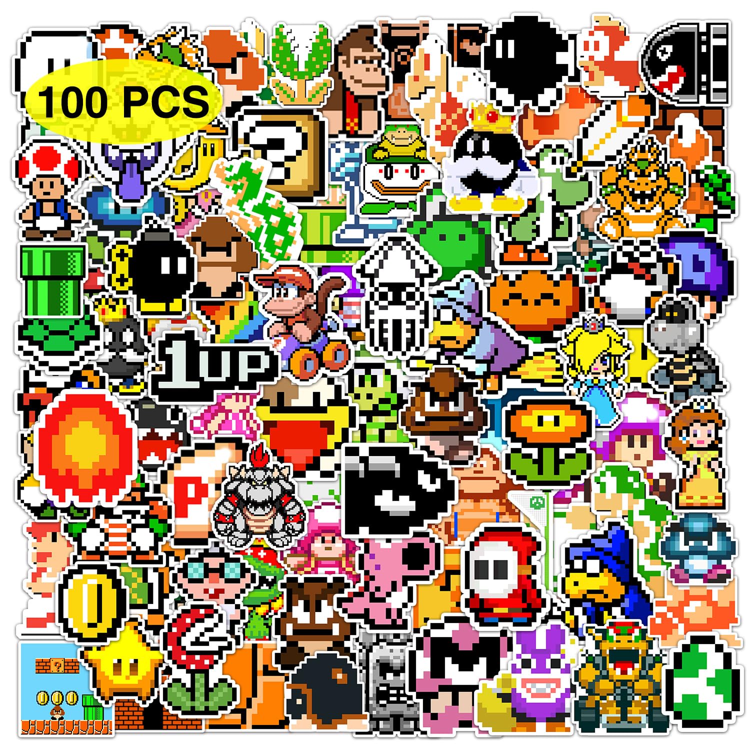 GTOTd Pixel Cartoon Stickers (100Pcs) Viny Waterproof Cute Aesthetic Stickers for Teens DIY Decal Party Supplies for Water Bottle Luggage Guitar Skateboard